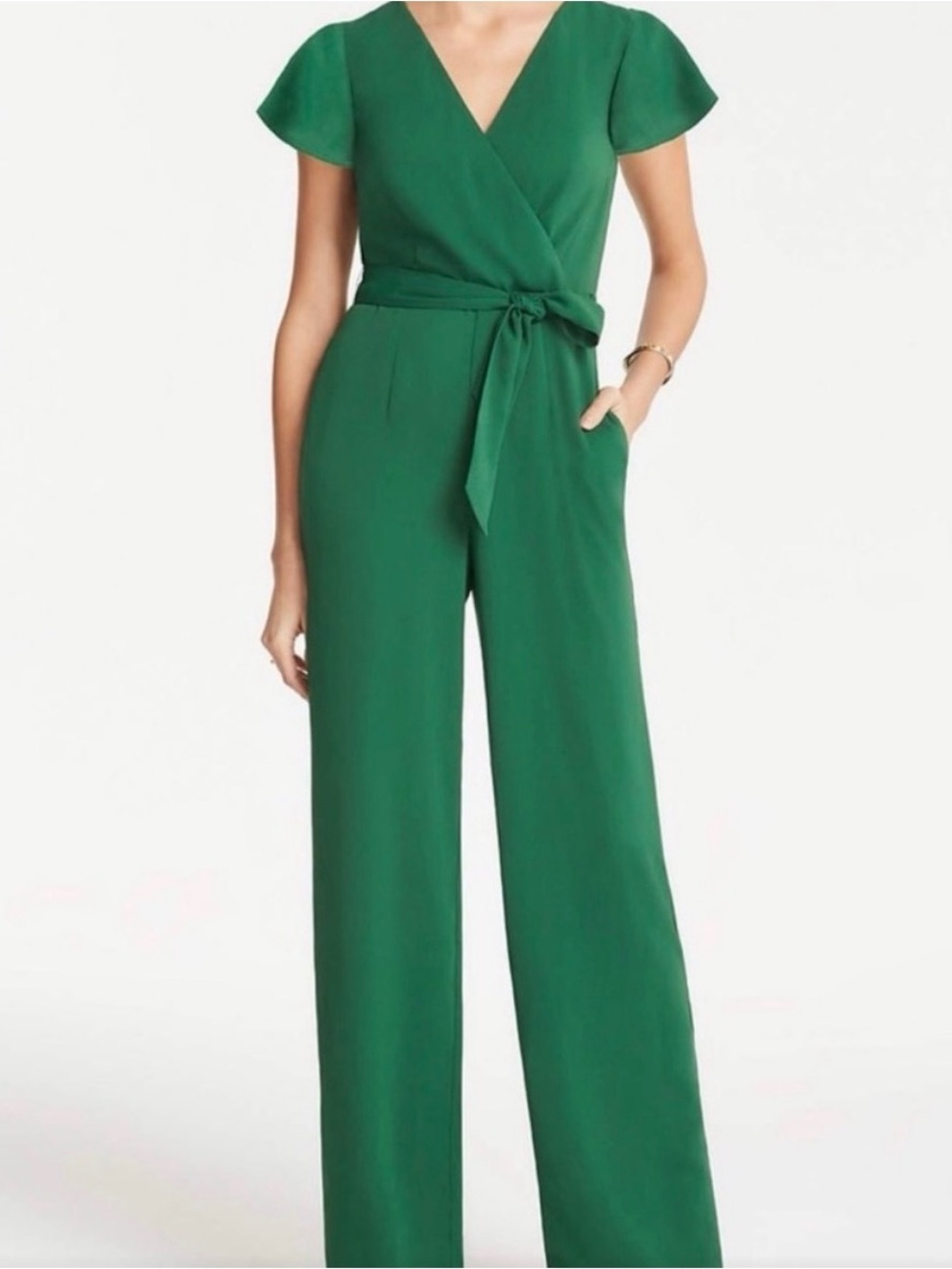 Anne Taylor Green Wrap-Front Wide-Leg Jumpsuit - Picture 10 of 11